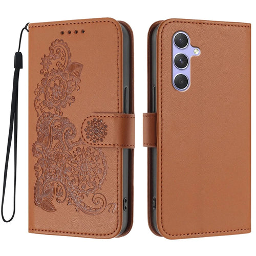 For Samsung Galaxy A54 5G Phone Cases Mandala Flower Leather Wallet Mobile Cover with Strap - Coffee - 1