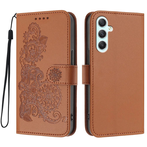 For Samsung Galaxy A35 5G Phone Cases Mandala Flower Leather Wallet Mobile Cover with Strap - Coffee - 1