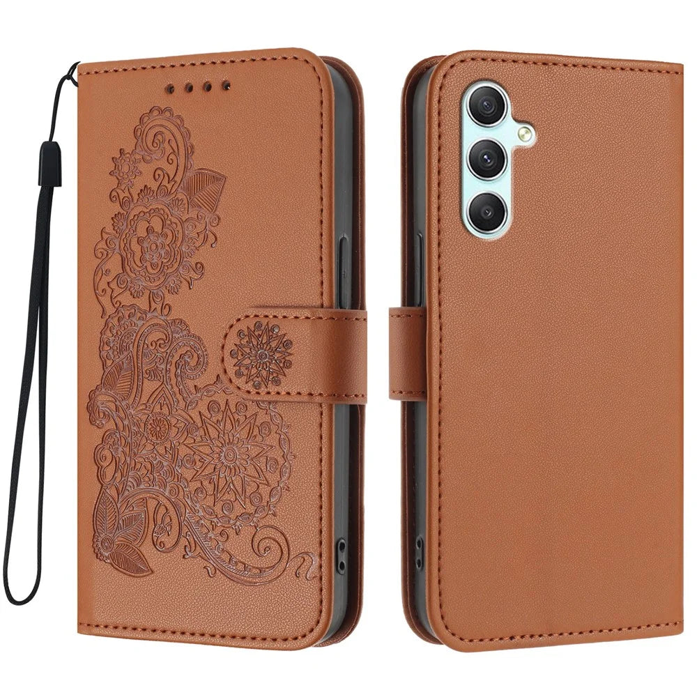 For Samsung Galaxy A34 5G Phone Cases Mandala Flower Leather Wallet Mobile Cover with Strap - Coffee - 1