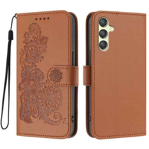 For Samsung Galaxy A24 4G (162.1 x 77.6 x 8.3mm) Phone Cases Mandala Flower Leather Wallet Mobile Cover with Strap - Coffee - 1