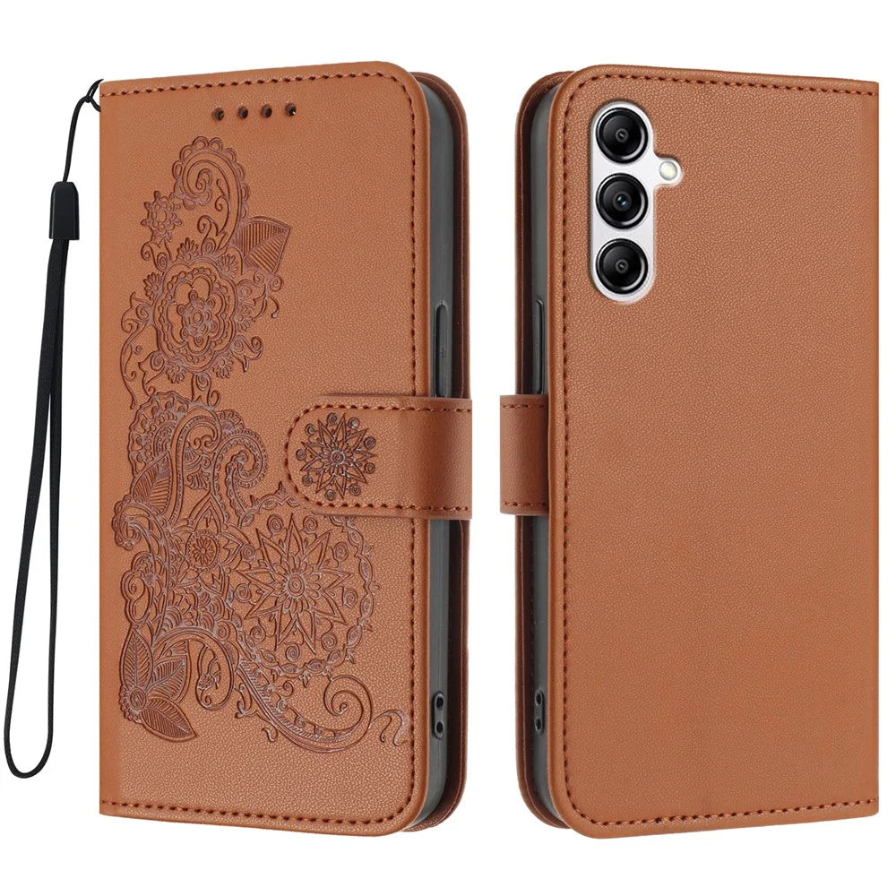 For Samsung Galaxy A14 4G / Galaxy A14 5G Phone Cases Mandala Flower Leather Wallet Mobile Cover with Strap - Coffee - 1