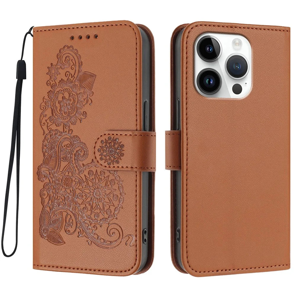 For iPhone 16 Pro Phone Cases Mandala Flower Leather Wallet Mobile Cover with Strap - Coffee - 1