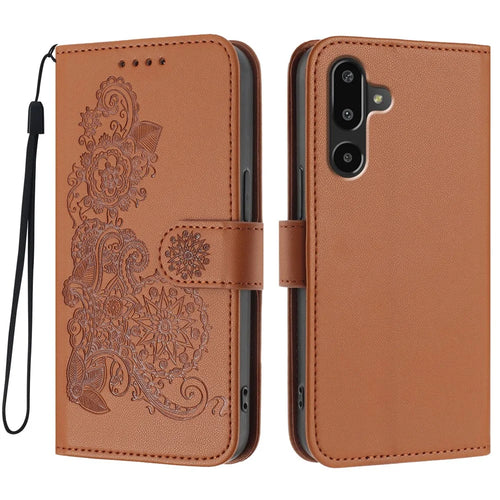 For Samsung Galaxy M16 5G / Galaxy F16 5G Phone Cases Mandala Flower Leather Wallet Mobile Cover with Strap - Coffee - 1
