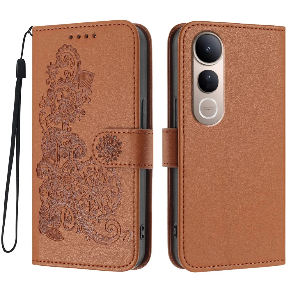 For vivo V50 Lite 4G / vivo V50 Lite 5G Phone Cases Mandala Flower Leather Wallet Mobile Cover with Strap - Coffee - 1