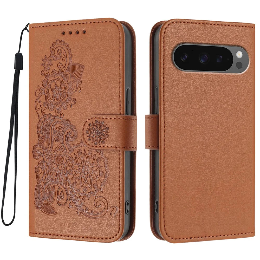 For Google Pixel 10 Pro / Google Pixel 9 / Google Pixel 9 Pro / Google Pixel 10 Phone Cases Mandala Flower Leather Wallet Mobile Cover with Strap - Coffee - 1