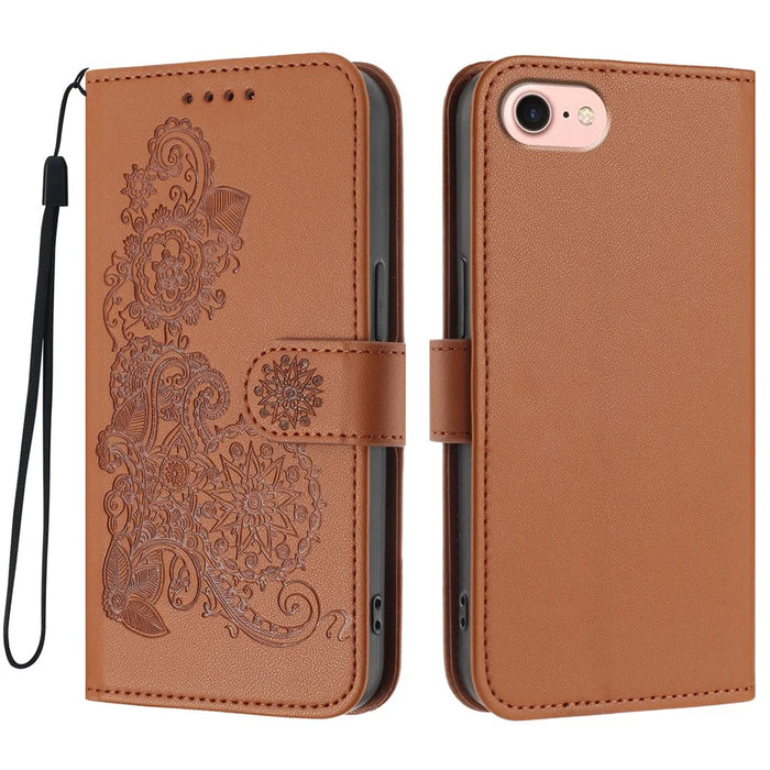 For iPhone 17e / 16e Phone Cases Mandala Flower Leather Wallet Mobile Cover with Strap - Coffee - 1