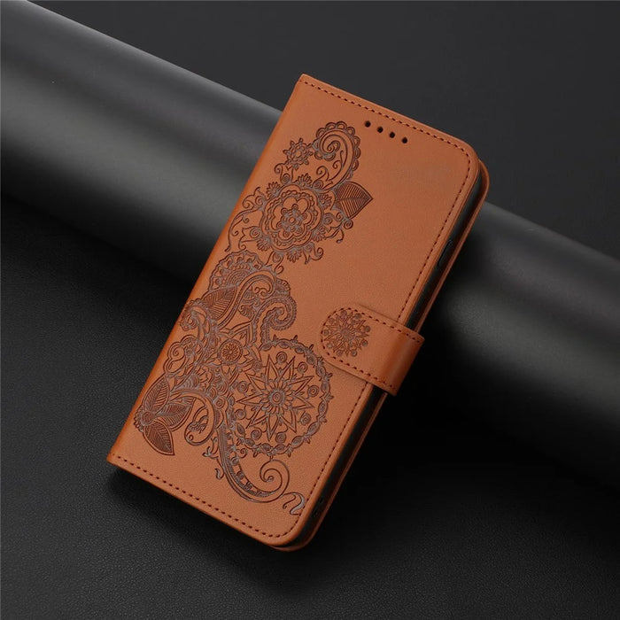 For iPhone 17e / 16e Phone Cases Mandala Flower Leather Wallet Mobile Cover with Strap - Coffee - 6