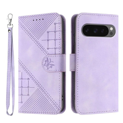 For Google Pixel 10 Pro / Google Pixel 9 / Google Pixel 9 Pro / Google Pixel 10 Leather Wallet Case Butterfly Flower Imprinted Phone Cover with Strap - Purple - 1