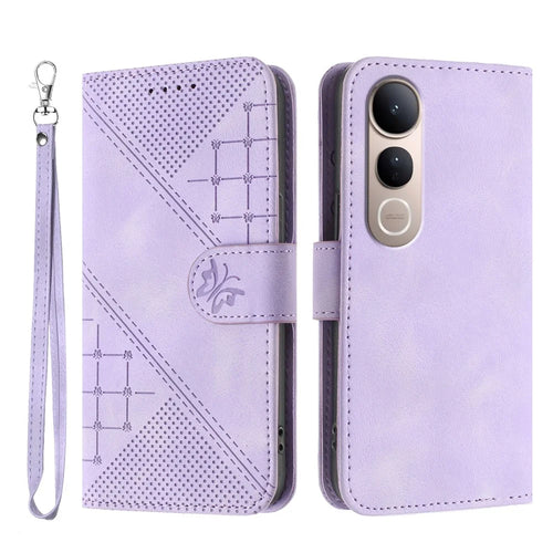 For vivo V50 Lite 4G / vivo V50 Lite 5G Leather Wallet Case Butterfly Flower Imprinted Phone Cover with Strap - Purple - 1