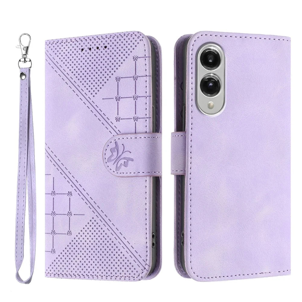 For Samsung Galaxy S25 Edge Leather Wallet Case Butterfly Flower Imprinted Phone Cover with Strap - Purple - 1