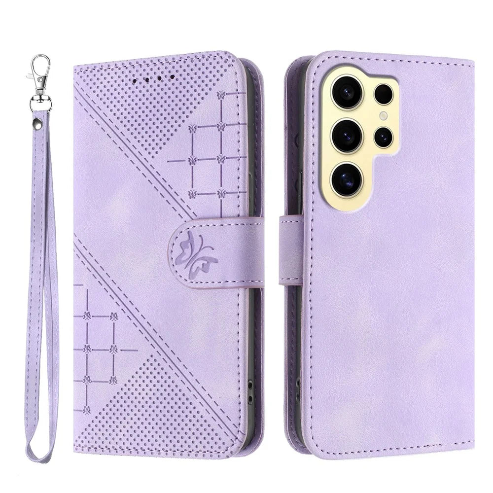 For Samsung Galaxy S24 Ultra Leather Wallet Case Butterfly Flower Imprinted Phone Cover with Strap - Purple - 1