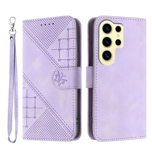 For Samsung Galaxy S24 Ultra Leather Wallet Case Butterfly Flower Imprinted Phone Cover with Strap - Purple - 1