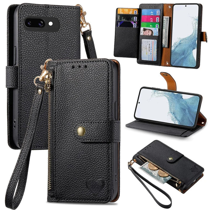 For Google Pixel 9a Case RFID Blocking Zipper Pocket Leather Wallet Phone Cover with Strap - Black - 1