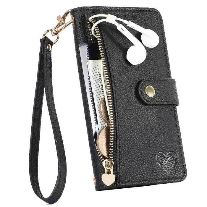 For Google Pixel 9a Case RFID Blocking Zipper Pocket Leather Wallet Phone Cover with Strap - Black - 2