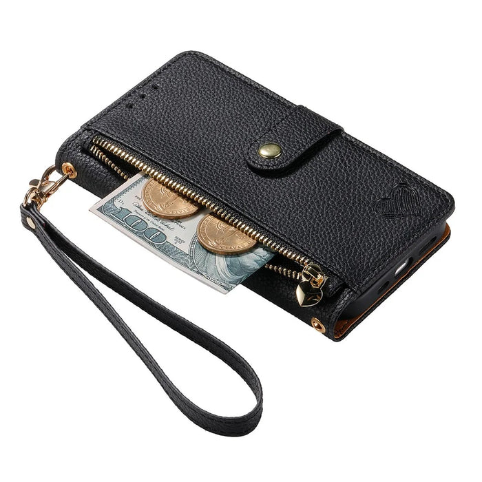 For Google Pixel 9a Case RFID Blocking Zipper Pocket Leather Wallet Phone Cover with Strap - Black - 4