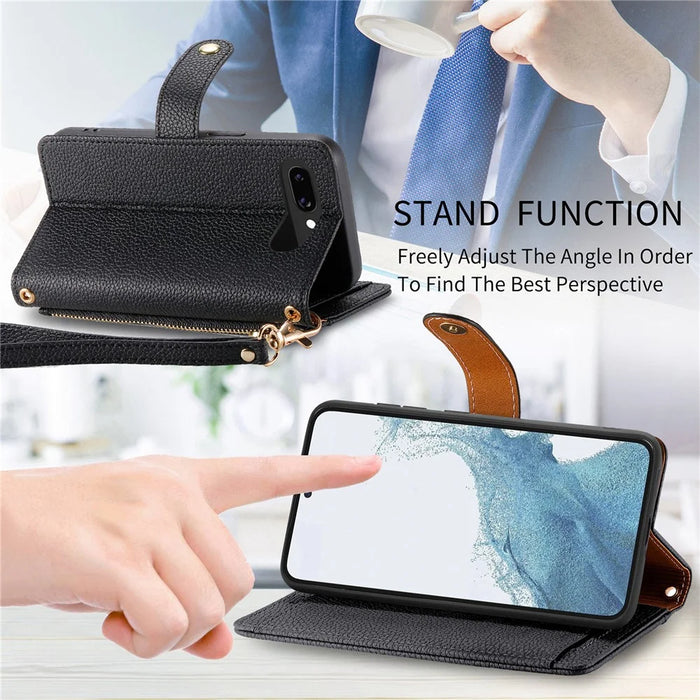 For Google Pixel 9a Case RFID Blocking Zipper Pocket Leather Wallet Phone Cover with Strap - Black - 6