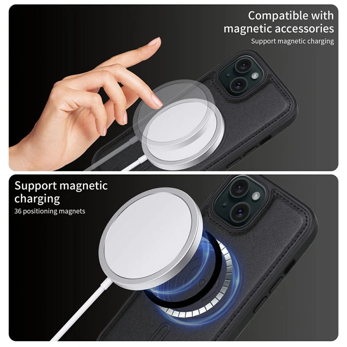 For iPhone 15 Magnetic Case BETOPNICE RFID Blocking Leather Phone Back Cover with Detachable Card Bag - Black - 6