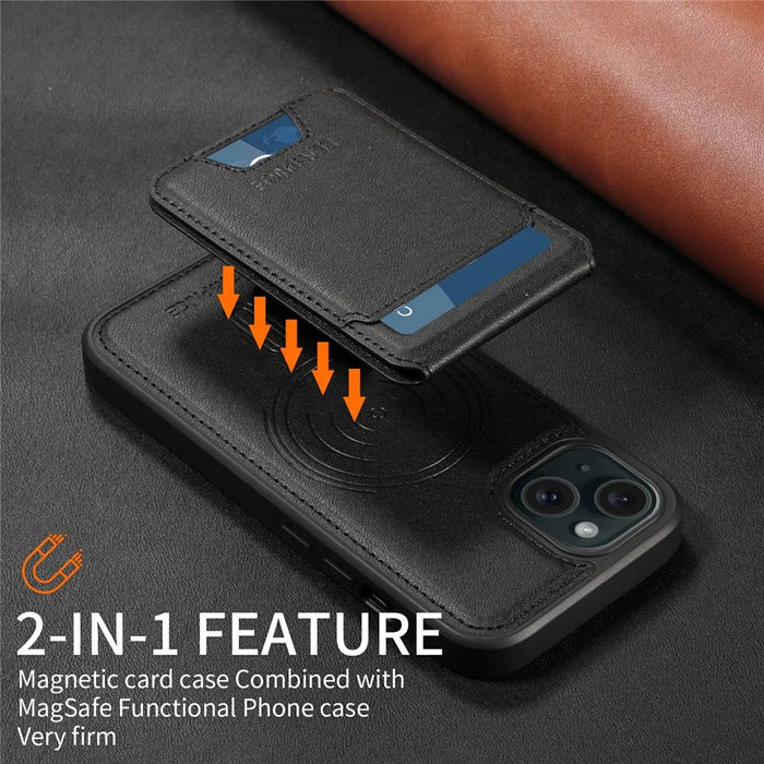For iPhone 15 Magnetic Case BETOPNICE RFID Blocking Leather Phone Back Cover with Detachable Card Bag - Black - 7