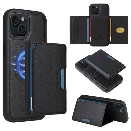 For iPhone 15 Magnetic Case BETOPNICE Leather Phone Cover Kickstand with Detachable Card Bag  - Black - 1