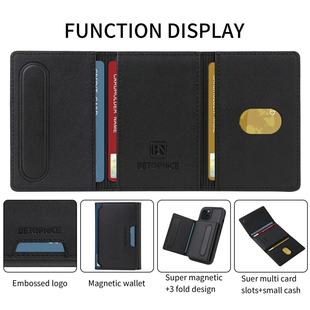 For iPhone 15 Magnetic Case BETOPNICE Leather Phone Cover Kickstand with Detachable Card Bag  - Black - 2