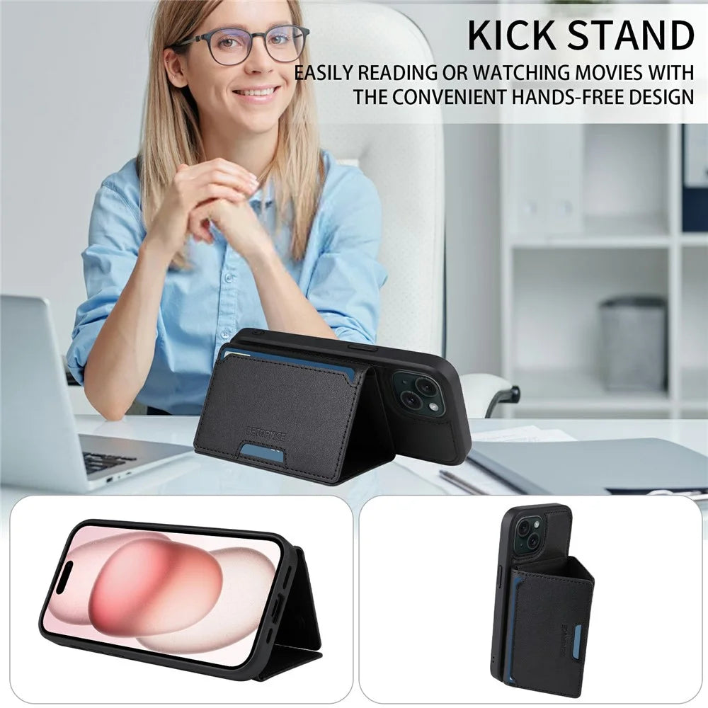 For iPhone 15 Magnetic Case BETOPNICE Leather Phone Cover Kickstand with Detachable Card Bag  - Black - 3