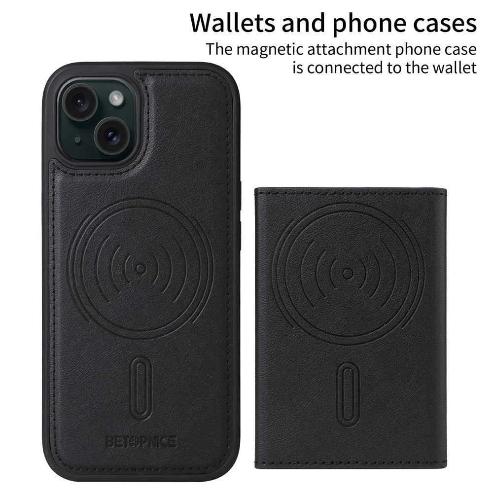 For iPhone 15 Magnetic Case BETOPNICE Leather Phone Cover Kickstand with Detachable Card Bag  - Black - 4