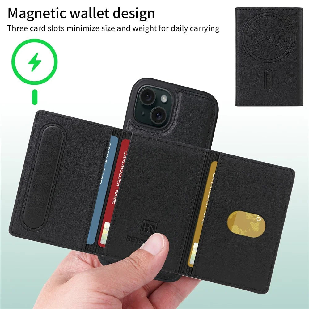 For iPhone 15 Magnetic Case BETOPNICE Leather Phone Cover Kickstand with Detachable Card Bag  - Black - 5