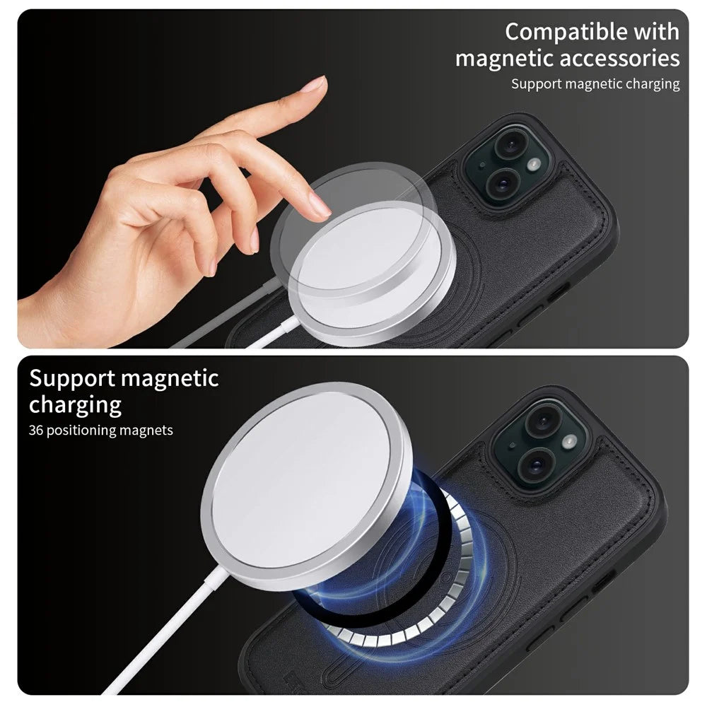For iPhone 15 Magnetic Case BETOPNICE Leather Phone Cover Kickstand with Detachable Card Bag  - Black - 6