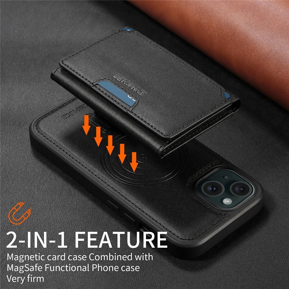 For iPhone 15 Magnetic Case BETOPNICE Leather Phone Cover Kickstand with Detachable Card Bag  - Black - 7