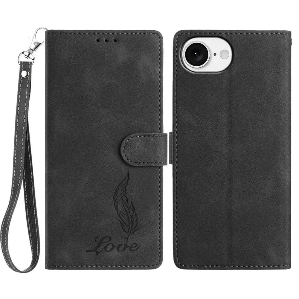 For iPhone 17e / 16e Case Imprinted Feather PU Leather Wallet Phone Cover with Wrist Strap - Black - 1