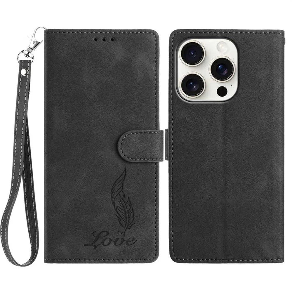 For iPhone 16 Pro Case Imprinted Feather PU Leather Wallet Phone Cover with Wrist Strap - Black - 1