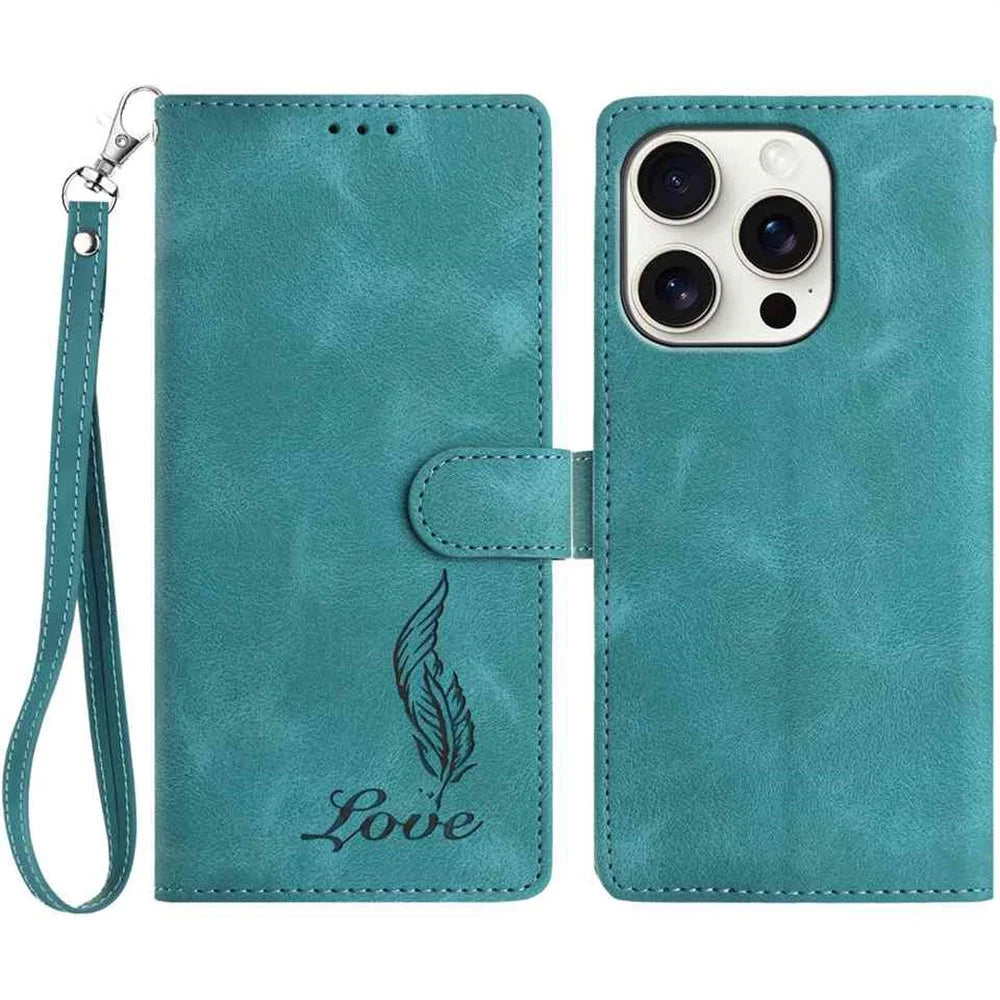 For iPhone 16 Pro Max Case Imprinted Feather PU Leather Wallet Phone Cover with Wrist Strap - Green - 1