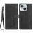 For iPhone 15 Case Imprinted Feather PU Leather Wallet Phone Cover with Wrist Strap - Black - 1