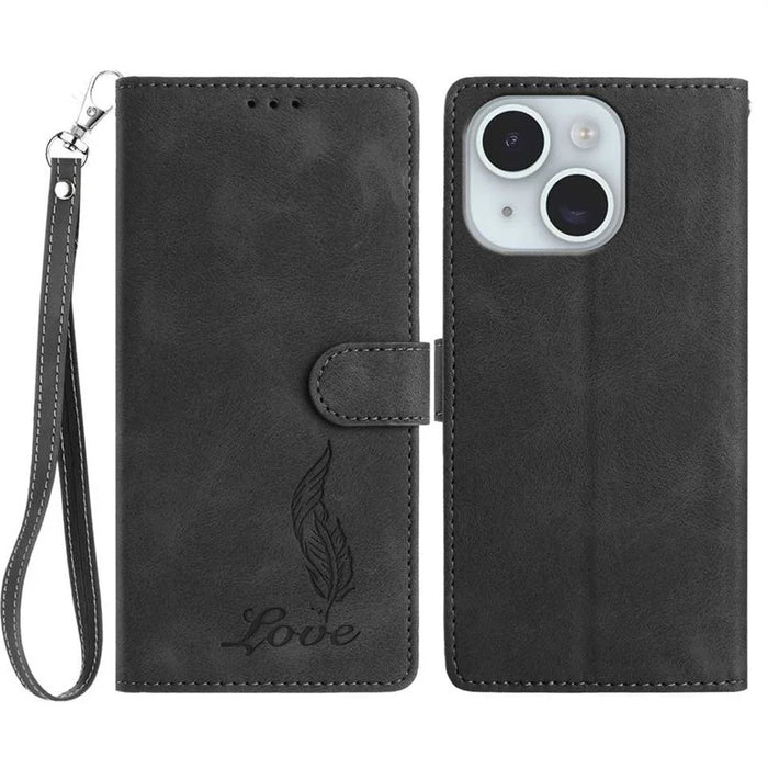 For iPhone 15 Case Imprinted Feather PU Leather Wallet Phone Cover with Wrist Strap - Black - 1