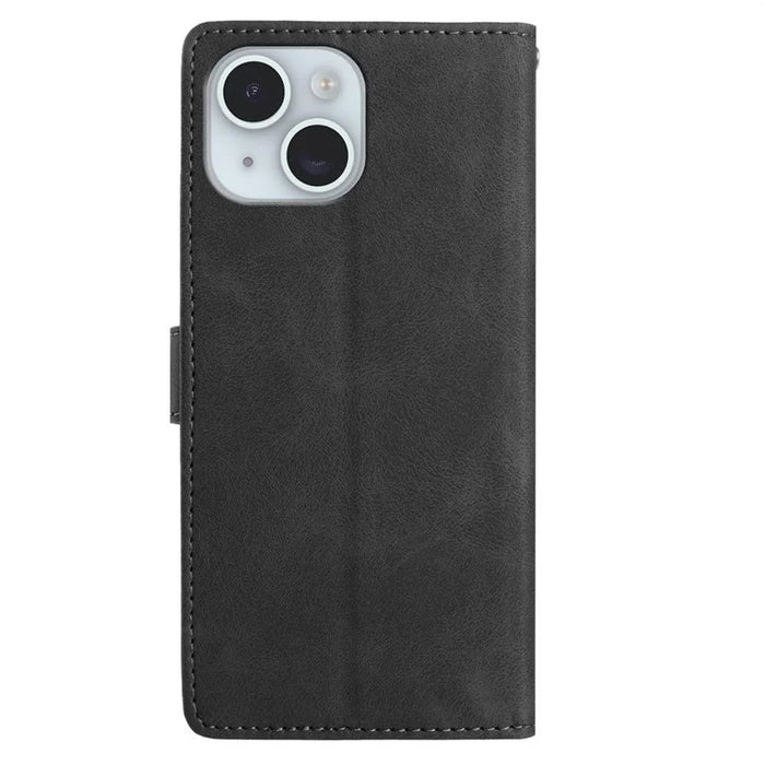 For iPhone 15 Case Imprinted Feather PU Leather Wallet Phone Cover with Wrist Strap - Black - 6
