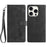 For iPhone 15 Pro Case Imprinted Feather PU Leather Wallet Phone Cover with Wrist Strap - Black - 1