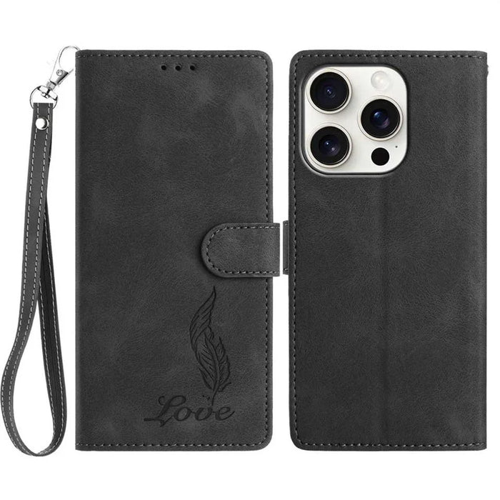 For iPhone 15 Pro Case Imprinted Feather PU Leather Wallet Phone Cover with Wrist Strap - Black - 1