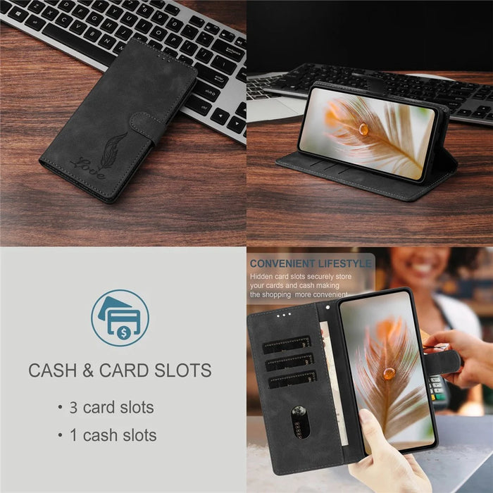 For iPhone 15 Pro Case Imprinted Feather PU Leather Wallet Phone Cover with Wrist Strap - Black - 4