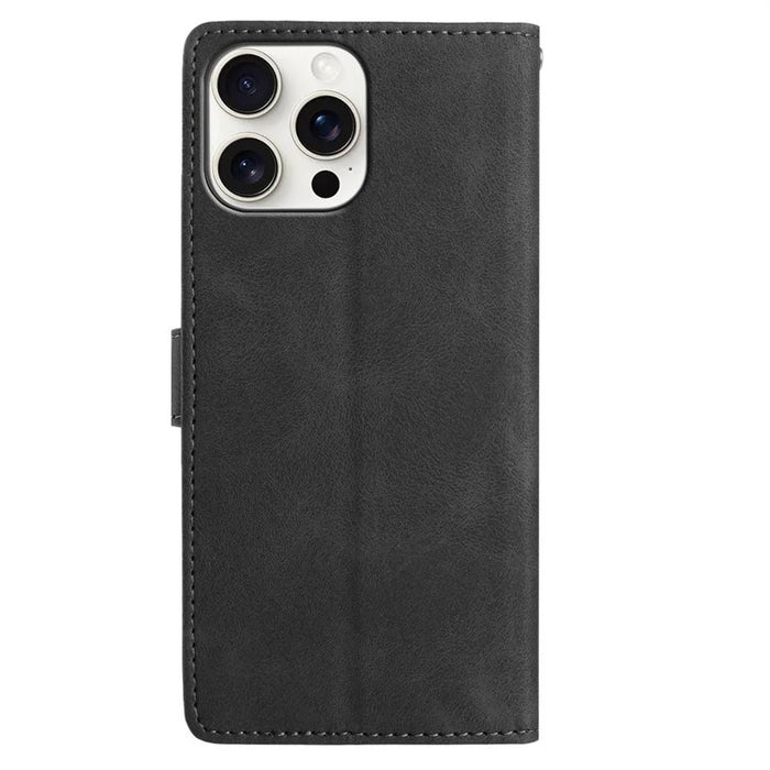 For iPhone 15 Pro Case Imprinted Feather PU Leather Wallet Phone Cover with Wrist Strap - Black - 6