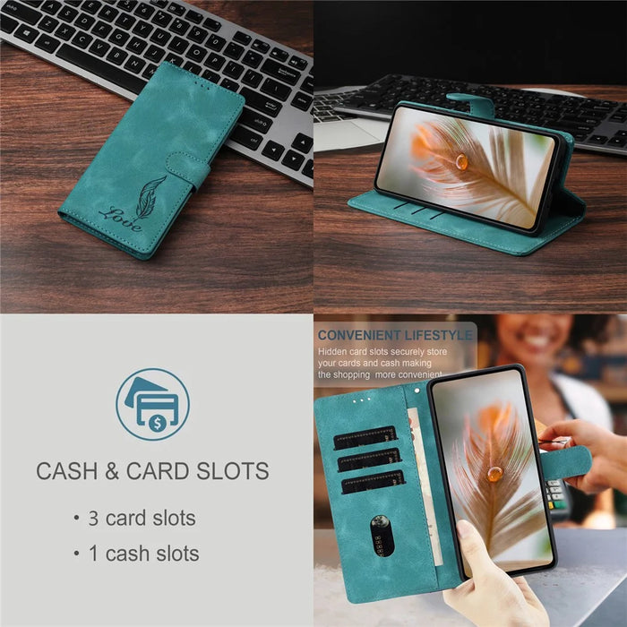 For iPhone 15 Pro Max Case Imprinted Feather PU Leather Wallet Phone Cover with Wrist Strap - Green - 4