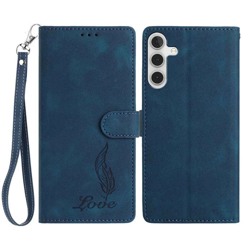 For Samsung Galaxy A16 4G / 5G Case Imprinted Feather PU Leather Wallet Phone Cover with Wrist Strap - Dark Blue - 1