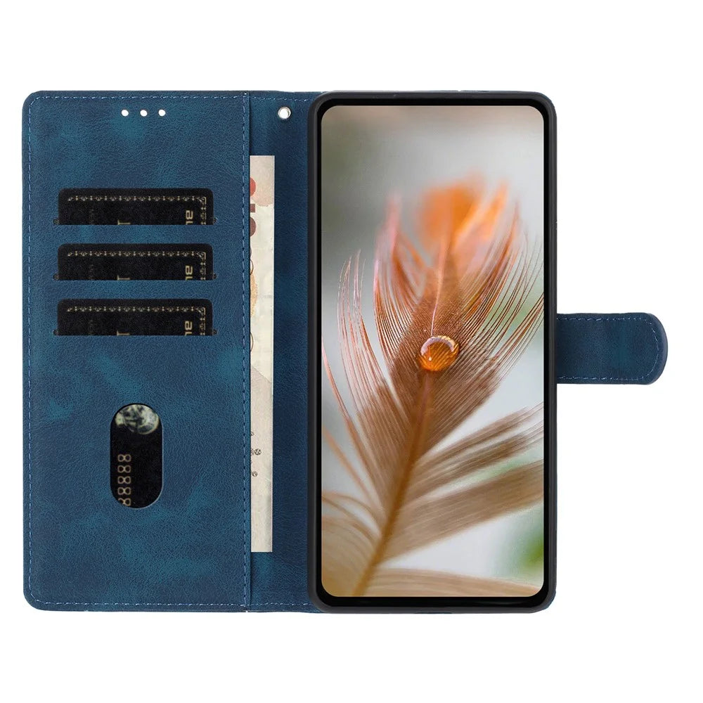For Samsung Galaxy A16 4G / 5G Case Imprinted Feather PU Leather Wallet Phone Cover with Wrist Strap - Dark Blue - 3