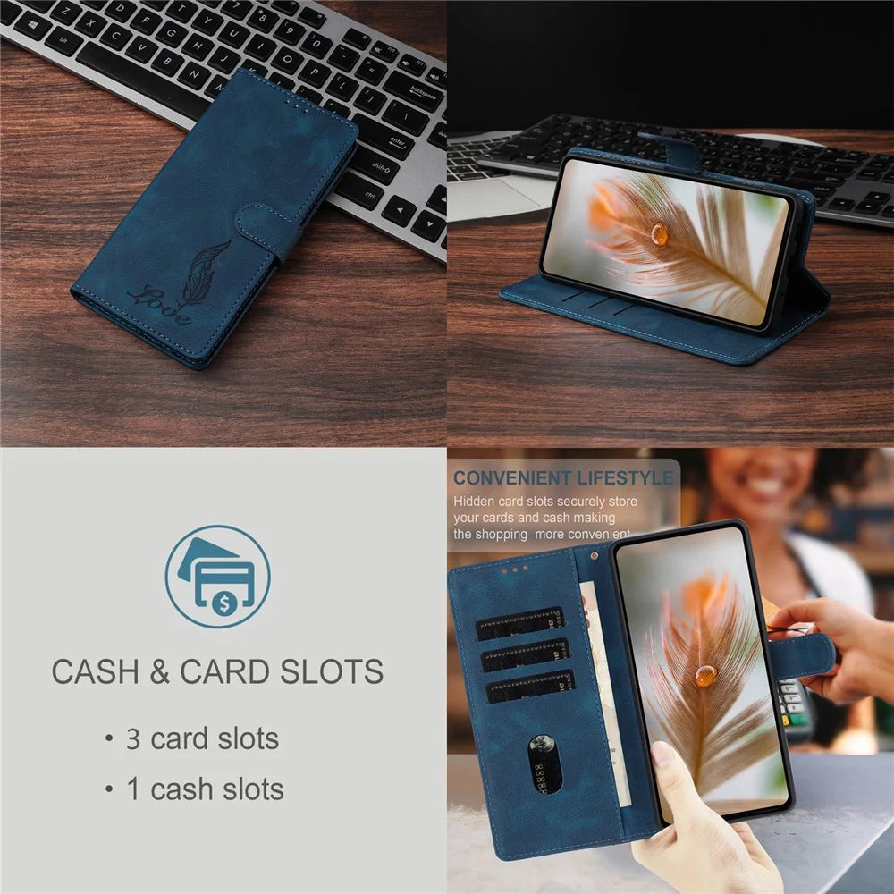For Samsung Galaxy A16 4G / 5G Case Imprinted Feather PU Leather Wallet Phone Cover with Wrist Strap - Dark Blue - 4