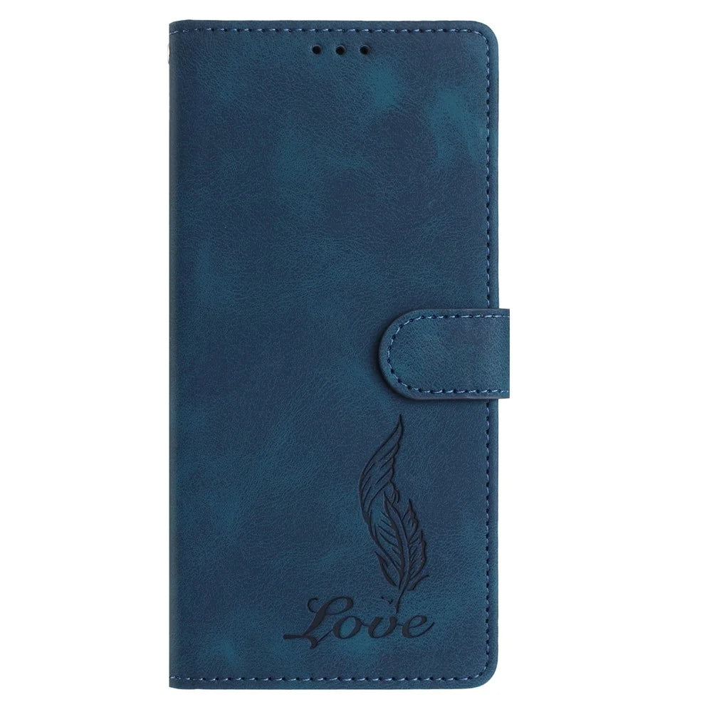 For Samsung Galaxy A16 4G / 5G Case Imprinted Feather PU Leather Wallet Phone Cover with Wrist Strap - Dark Blue - 5