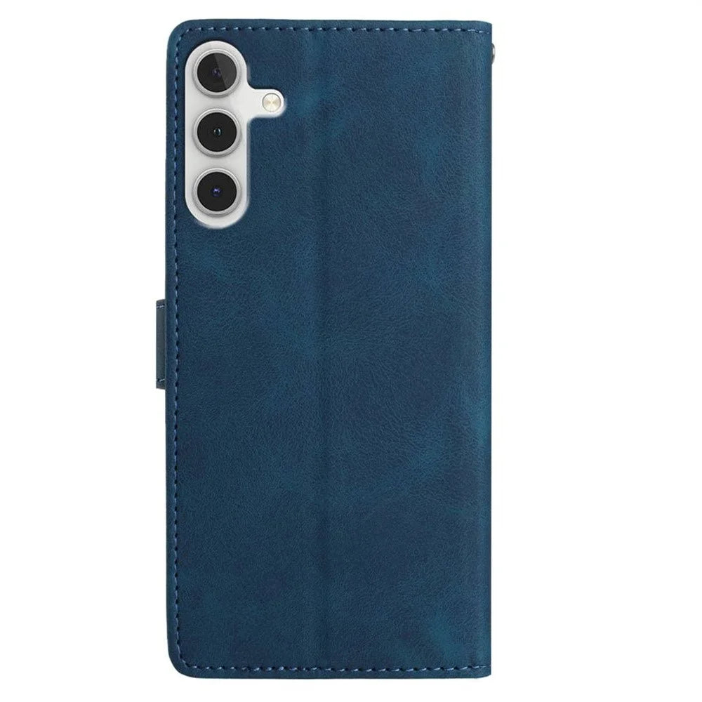 For Samsung Galaxy A16 4G / 5G Case Imprinted Feather PU Leather Wallet Phone Cover with Wrist Strap - Dark Blue - 6