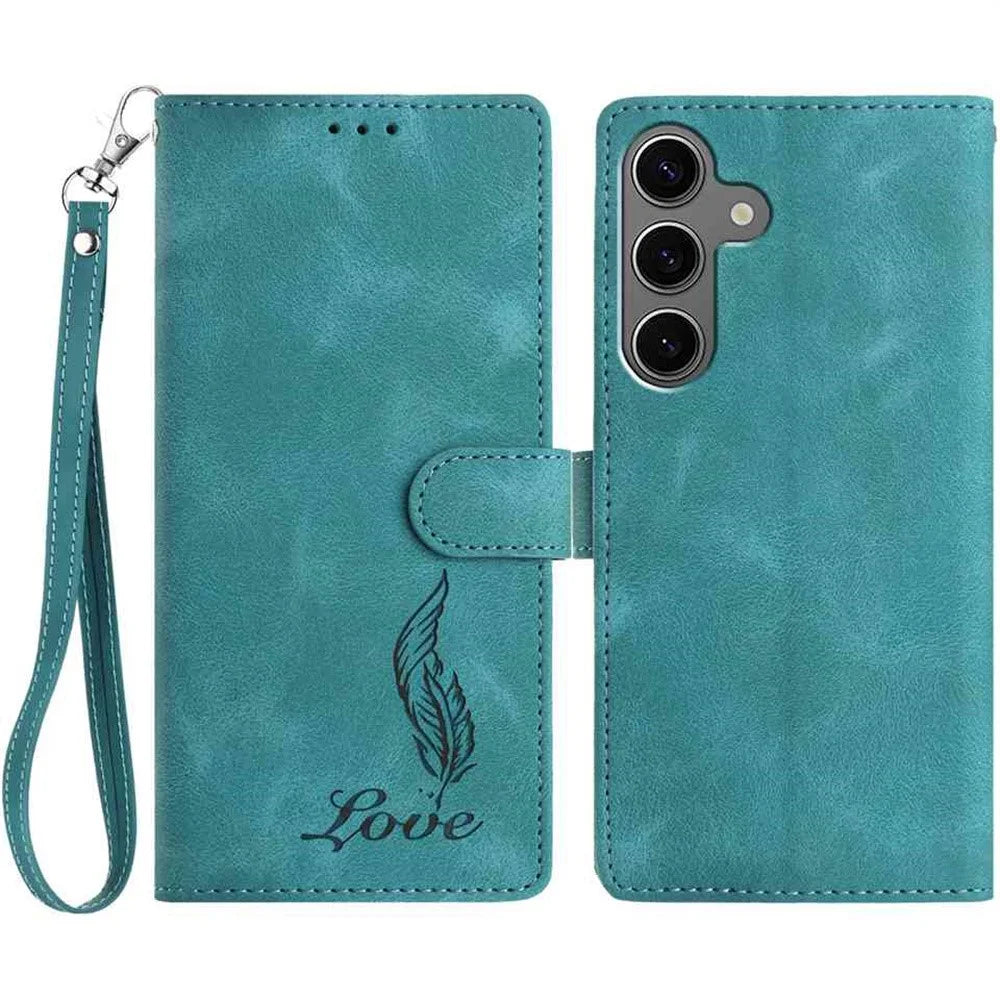 For Samsung Galaxy S24 FE Case Imprinted Feather PU Leather Wallet Phone Cover with Wrist Strap - Green - 1