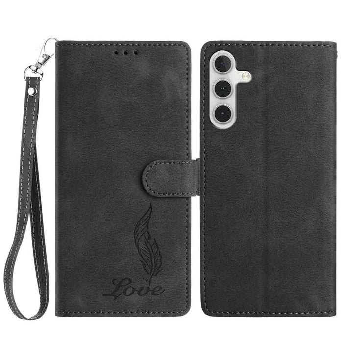 For Samsung Galaxy A56 5G Case Imprinted Feather PU Leather Wallet Phone Cover with Wrist Strap - Black - 1