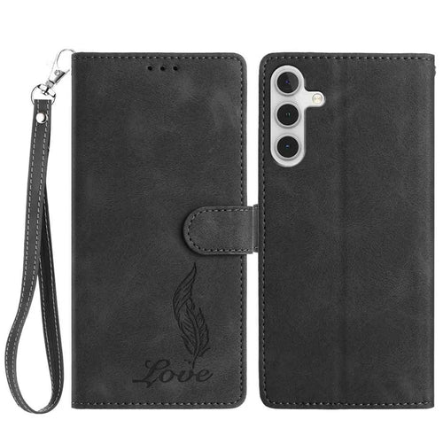 For Samsung Galaxy A36 5G Case Imprinted Feather PU Leather Wallet Phone Cover with Wrist Strap - Black - 1