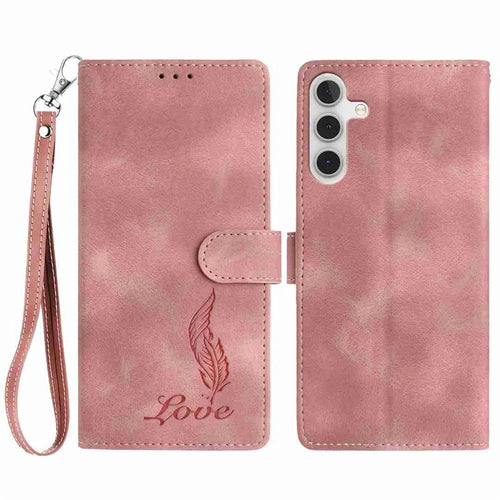 For Samsung Galaxy A18 5G / A18 4G / A17 5G / A17 4G / A26 5G Case Imprinted Feather PU Leather Wallet Phone Cover with Wrist Strap - Pink - 1