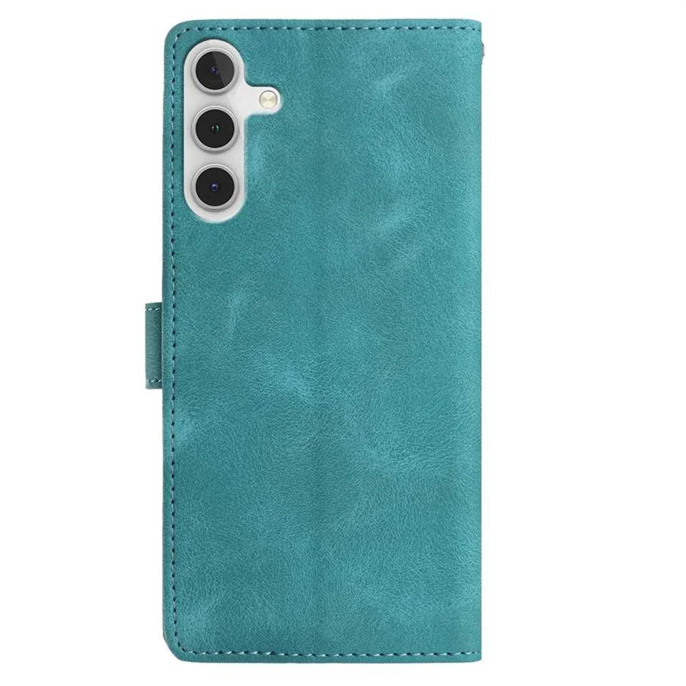 For Samsung Galaxy A55 5G Case Imprinted Feather PU Leather Wallet Phone Cover with Wrist Strap - Green - 6